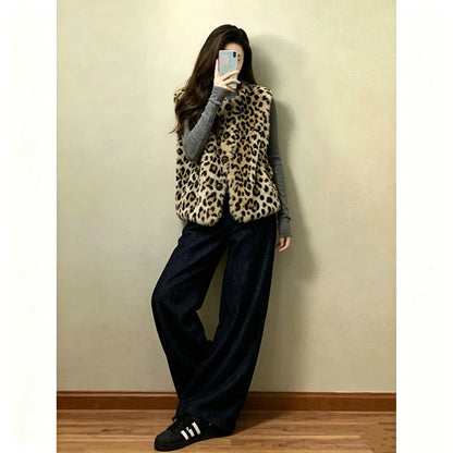 Faux Fur Y2K Leopard Vest Women Loose Vintage Winter Warm O Neck Streetwear Vests Casual Harajuku American Retro Lady Vest Coat
