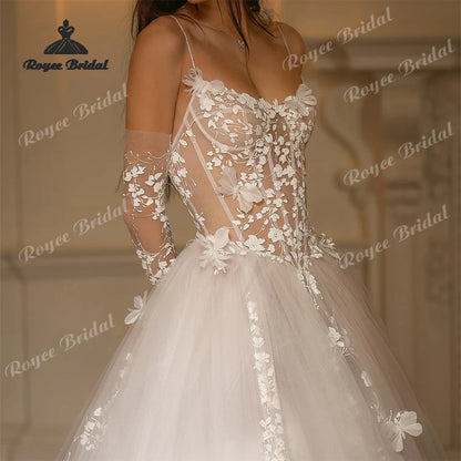 Elegant Flowers Lace A Line Wedding Dresses 2026 Sheer Tulle Customized Beach Bridal Gown Custom Vestido De Novia