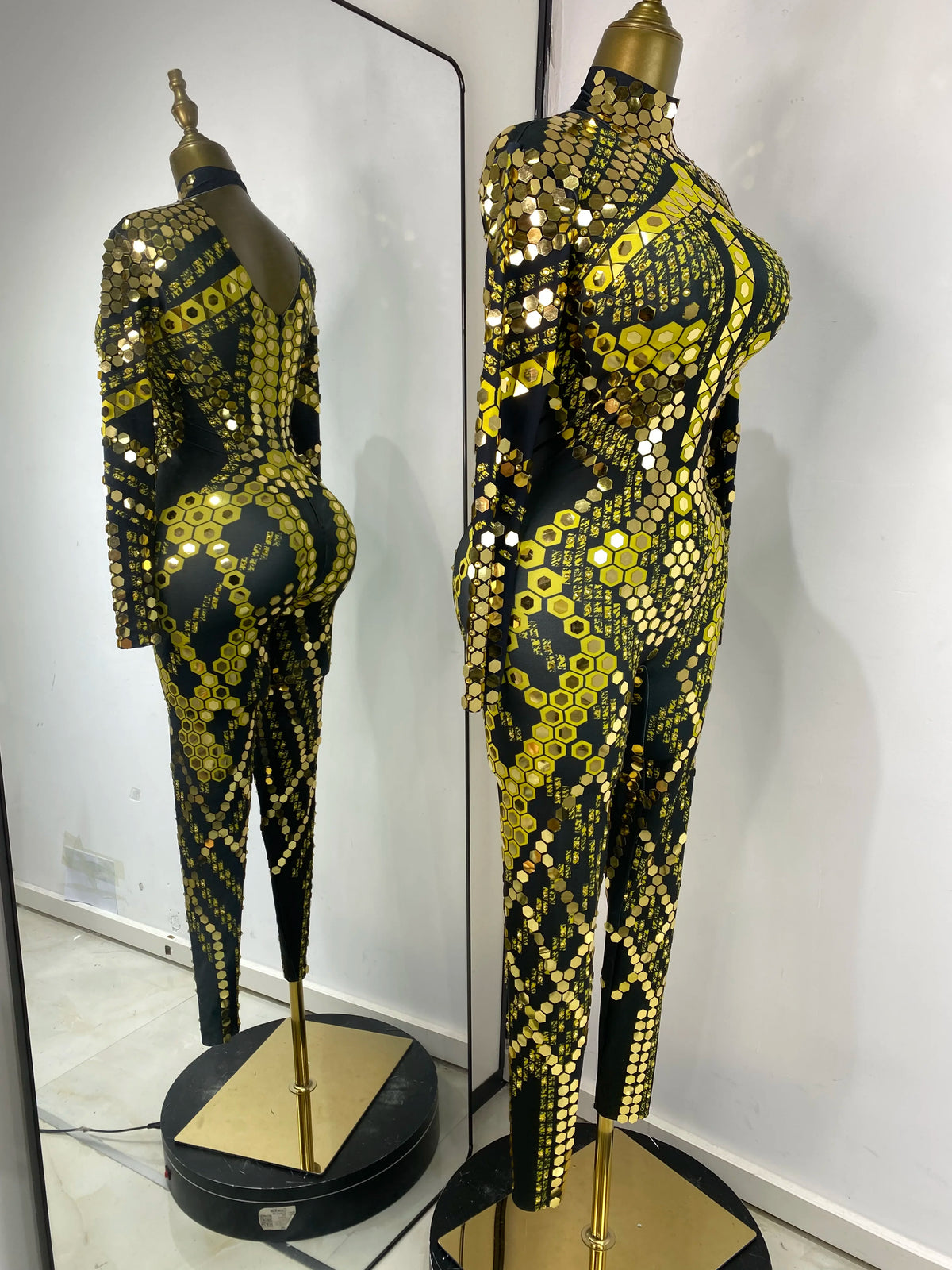 Women Performance Costumes Printed Sequines Rhinestones Spandex High Elastic Bodycon Jumpsuits Nightclub Evening Party Dress