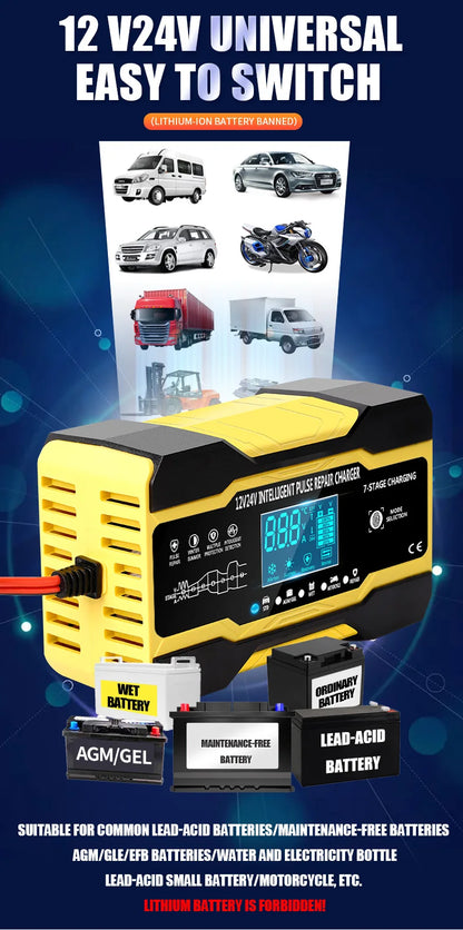 12V 24V Car Battery Charger 10A Smart 7-Stage Pulse Repair Fast Charger, AGM GEL WET Lead Acid Battery Maintainer