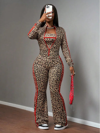 FAGADOER Women Leopard Print 3 Piece Outfit Tube Top Long Sleeve Zip Jacket High Waist Pants Sexy Y2K Clubwear Streetwear Set