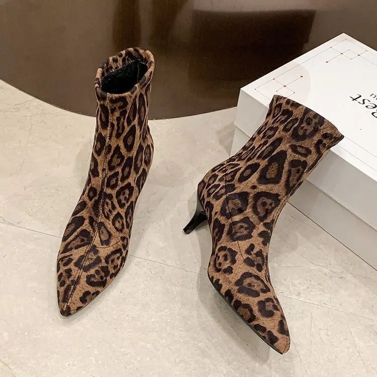 Brand Design Leopard Elastic Boots Women 2025 Winter Sexy Pointed Toe High Heel Party Boots Womens Dress Pumps Fashion Booties