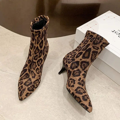 Brand Design Leopard Elastic Boots Women 2025 Winter Sexy Pointed Toe High Heel Party Boots Womens Dress Pumps Fashion Booties