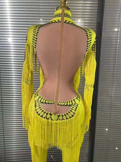 Yellow Tassel Jumpsuit Women Long Sleeve Spandex Skinny Fringe Leotard Sexy Stage Wear DJ Singer Dancer Party Show Costume