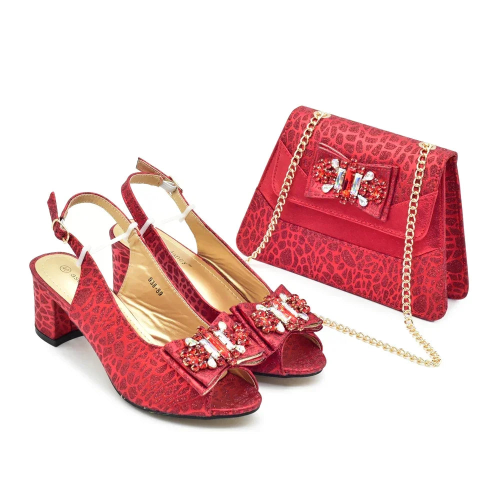 Nigerian Latest Shoes and Bags To Match Shoe and Bag Set for Party in Women Italian Rhinestones Elegant Peep Toe Sandals