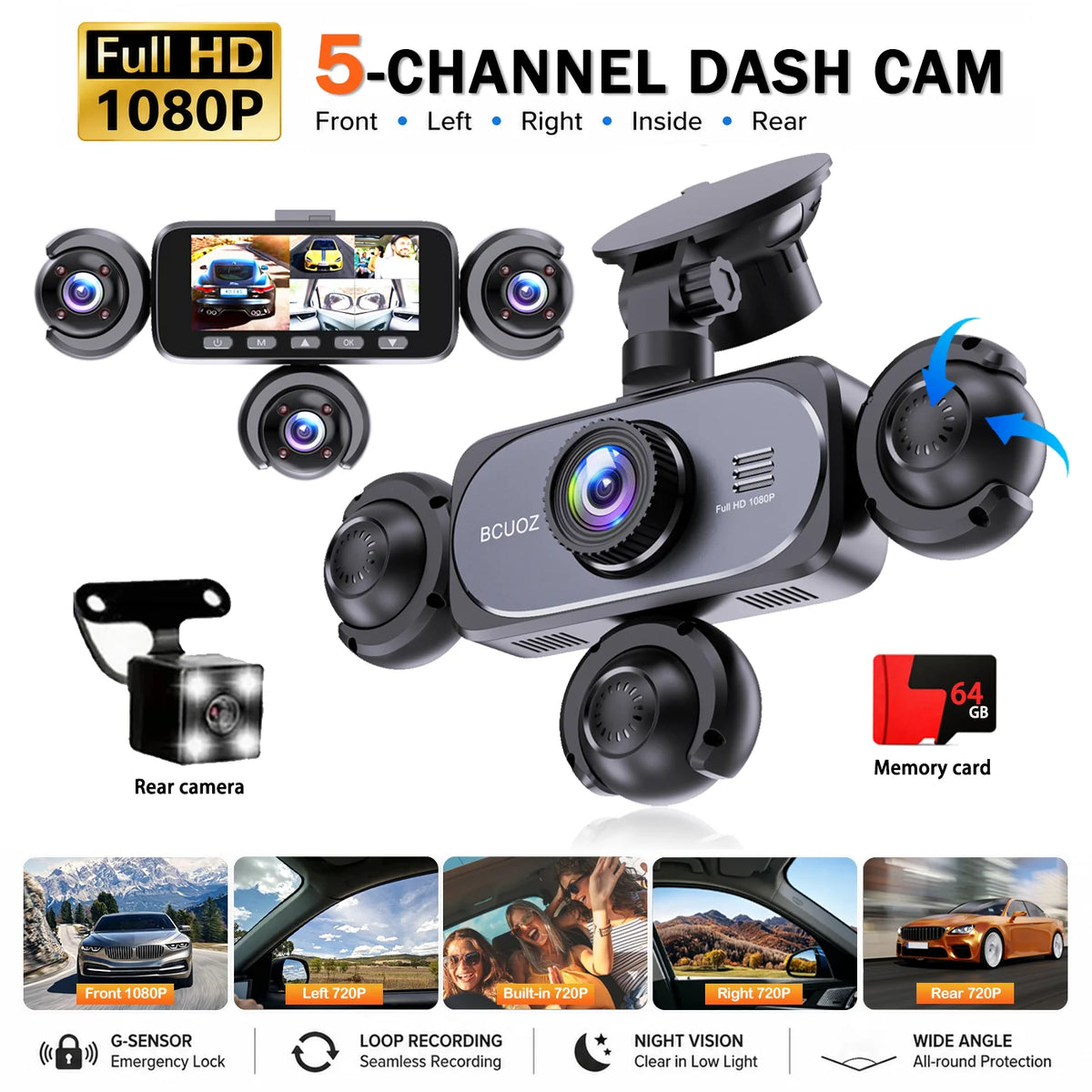 BCUOZ 5-Lens 360° Dashcam 1080P Front 720P Rear Left Right Car Cameras 360° Car Video Recorder Black Box Super Night Vision Loop Recording G-Sensor WDR 12-24V Plug Power Supply Optional 64GB Memory Card