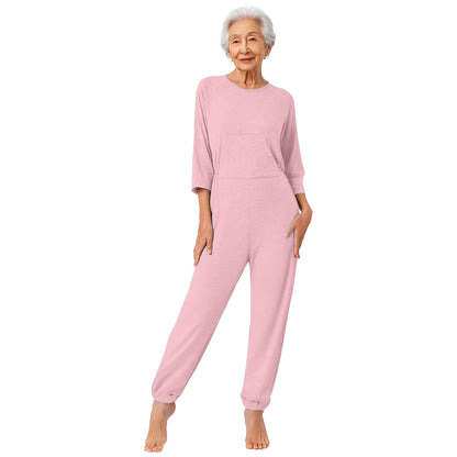 Women's Elderly Anti-Strip Adaptive Jumpsuit Back Legs Zip Long Sleeve Long Pants Nursing Rompers for Special Needs Disabilities