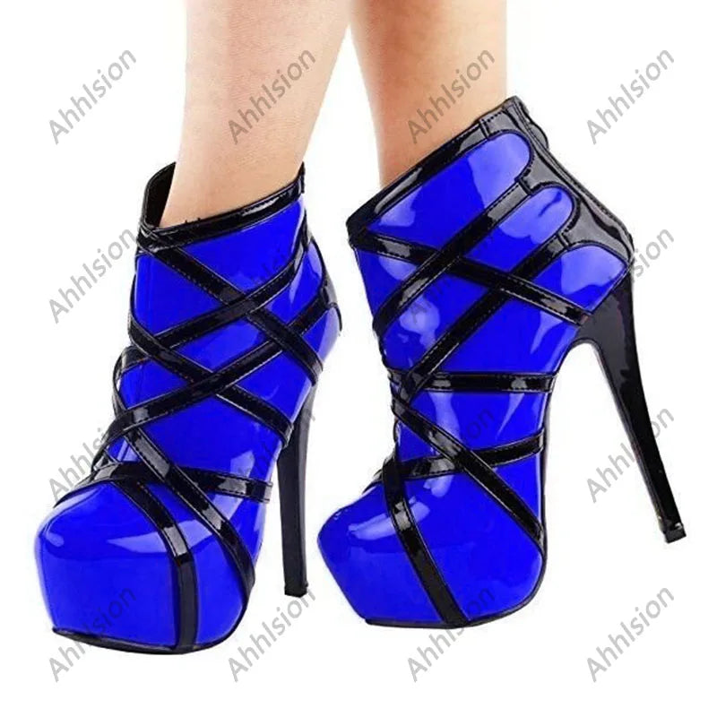 Ahhlsion Handmade Women Winter Ankle Boots Hidden Platform Stiletto Heels Round Toe Pretty Red Party Shoes US Plus Size 5-20