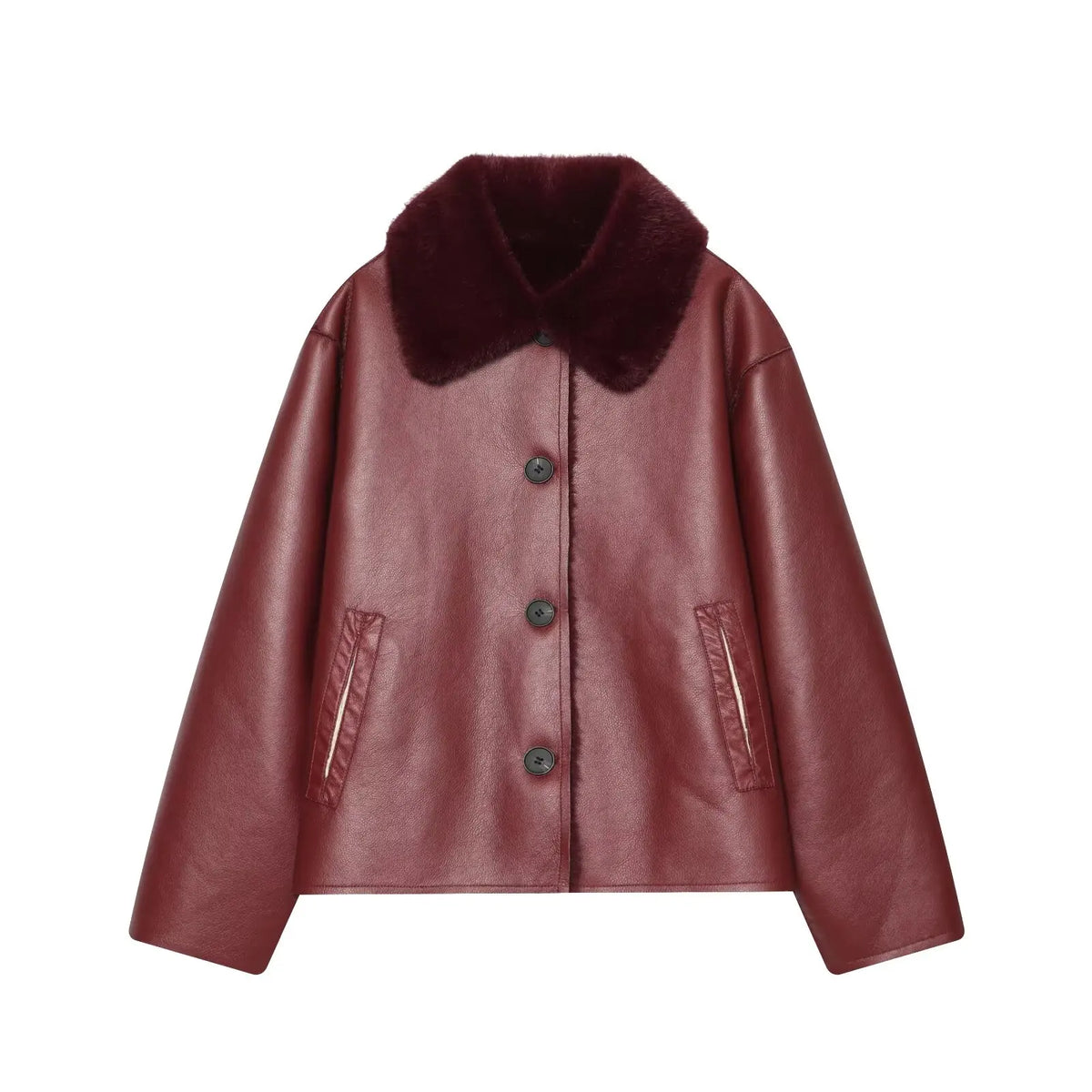 KONDALA Casual Chic Chocolate Brown Leather Fur Coat Women Double Wear Buttons Pockets Jacket Fashion 2025 Autumn Winter Outwear