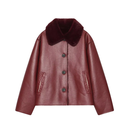 KONDALA Casual Chic Chocolate Brown Leather Fur Coat Women Double Wear Buttons Pockets Jacket Fashion 2025 Autumn Winter Outwear
