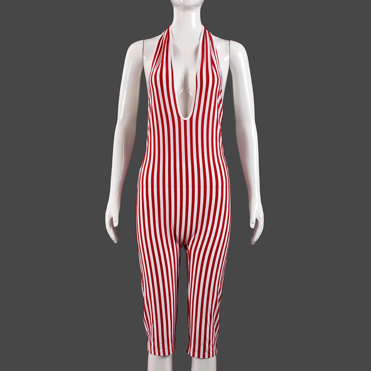 Weird Puss Stripe Print Playsuit Women Sleeveless Backless Halter Bandage Skinny Sexy Clubwear Activity Fitness Workout Romper