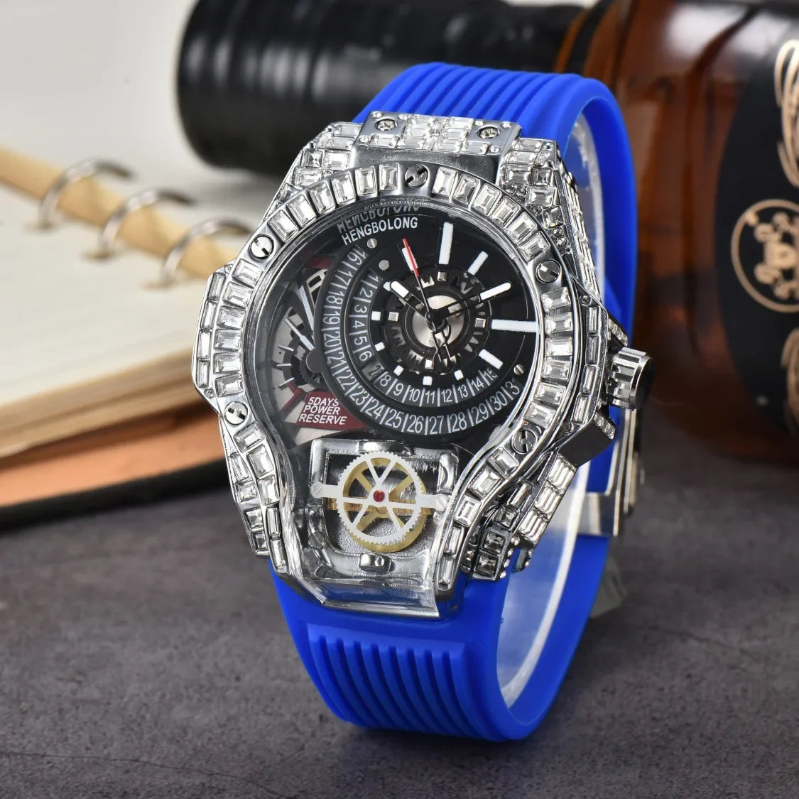 Business Full Diamond Case Luxury Top Mens Watches Rubber Strap Color Creative Decorative Quartz Watch Men AAA Clocks Relogio