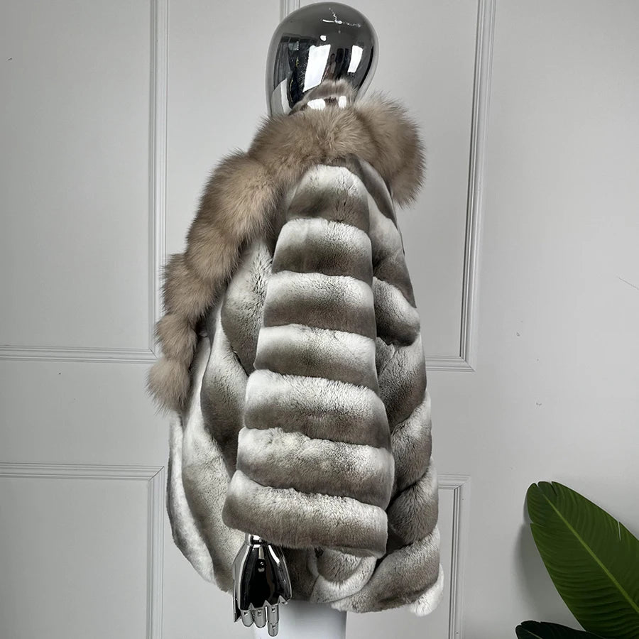 Real Rex Rabbit Fur Coat Chinchilla Fur Natural Fox Fur Collar Best Selling Winter Jacket Women Real Fur Coats