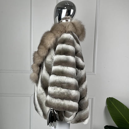 Real Rex Rabbit Fur Coat Chinchilla Fur Natural Fox Fur Collar Best Selling Winter Jacket Women Real Fur Coats