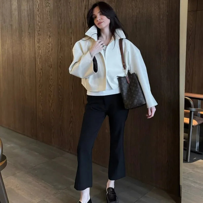 Women Cropped PU Leather Jacket Stand Collar Wide Flare Sleeve Asymmetrical Wrap Open Front Coat 2026 Autumn Chic Loose Jackets