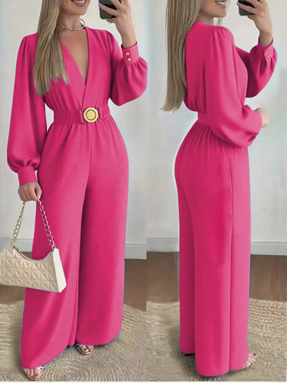 Fashion Commuting Jumpsuits Belt Lace Up Wide Legger Romper Casual Long Sleeve Women's Autumn Elegant V neck Solid Long Playsuit