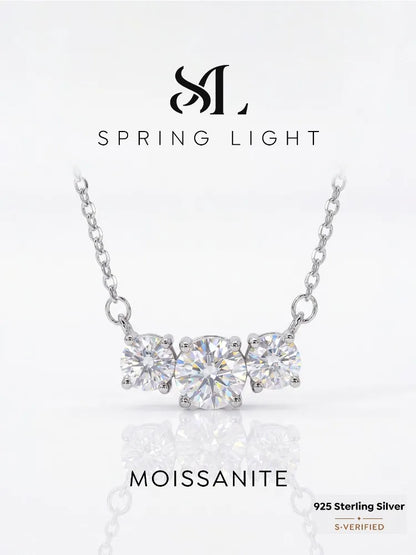 1CT Real Moissanite Diamond Three Round Shiny Necklace for Women's Anniversary Engagement 925 Sterling Silver Fine Jewelry