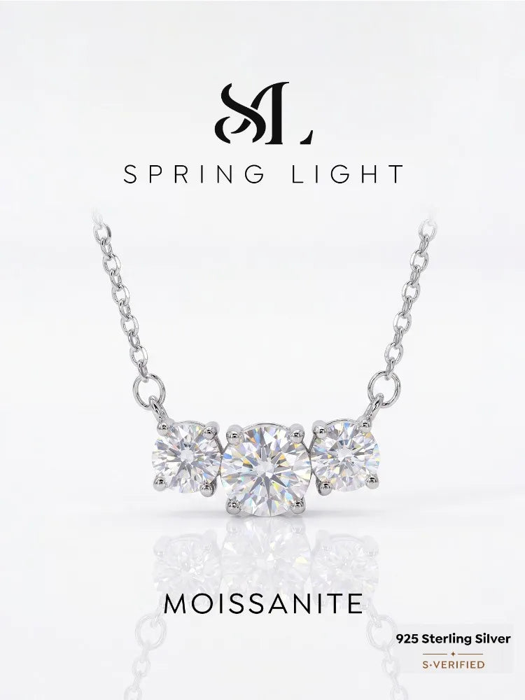 1CT Real Moissanite Diamond Three Round Shiny Necklace for Women's Anniversary Engagement 925 Sterling Silver Fine Jewelry