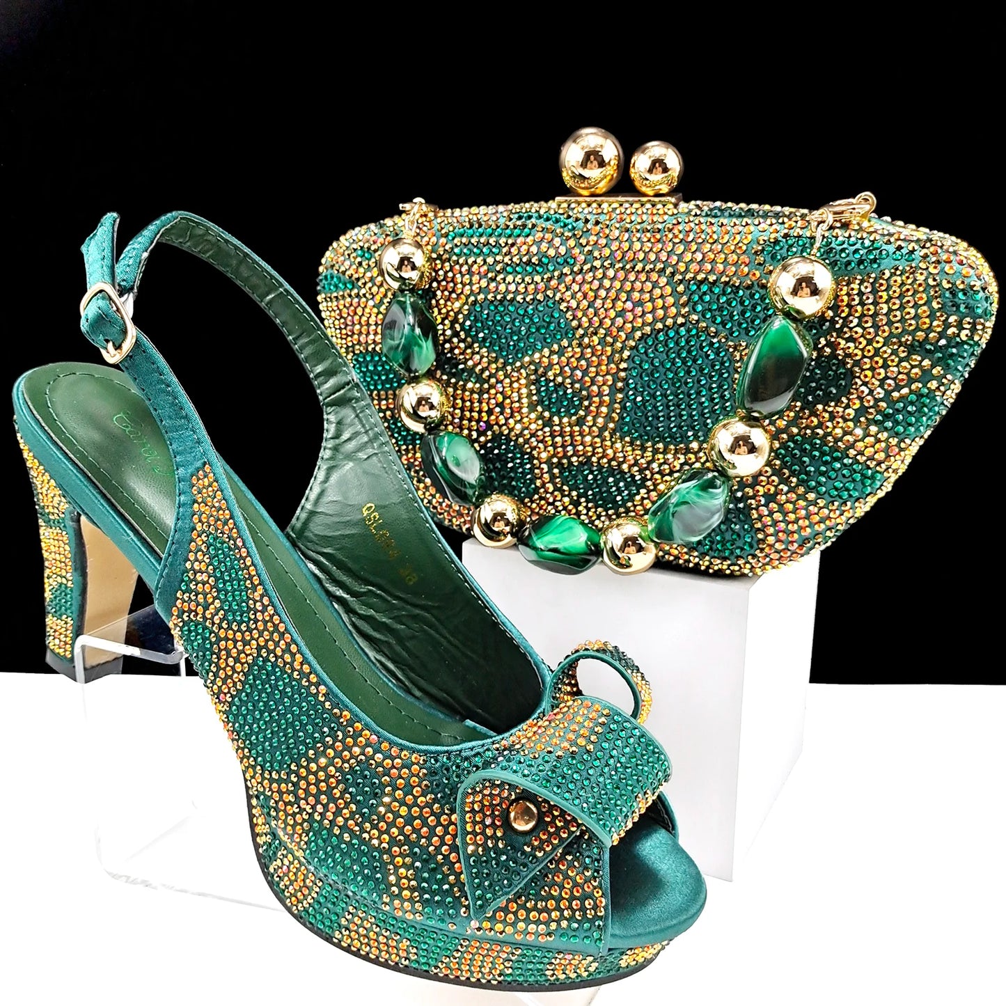 Nigeria Women's Open Toe High Heels Package Set Leopard Colorblocking Hot Rhinestones Fashion Sexy High Heels