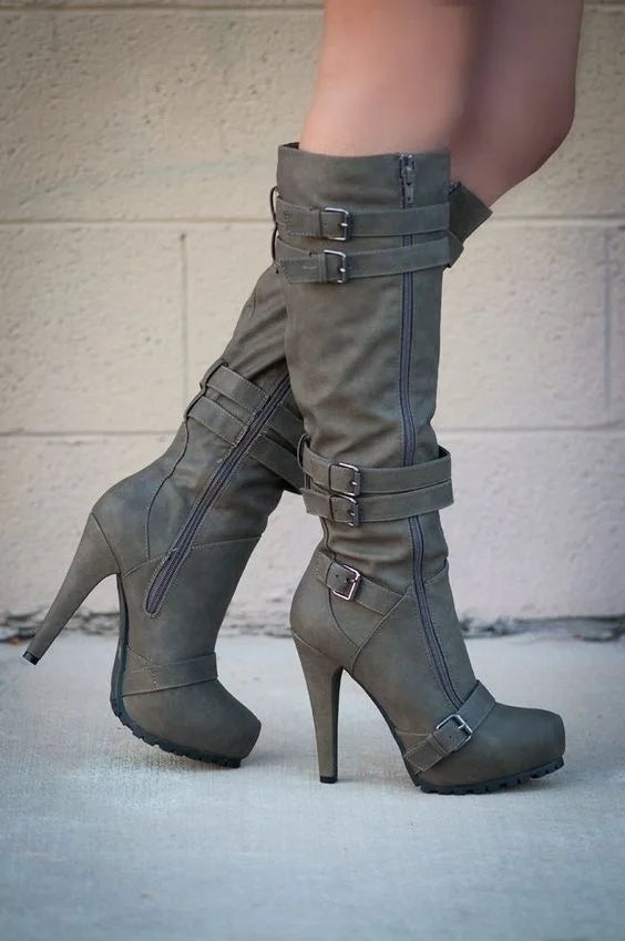 Fashion Women's Boots Knee High Mature Fashion Boots 9CM Stiletto European and American Style Side Zipper Round Head Women Shoes