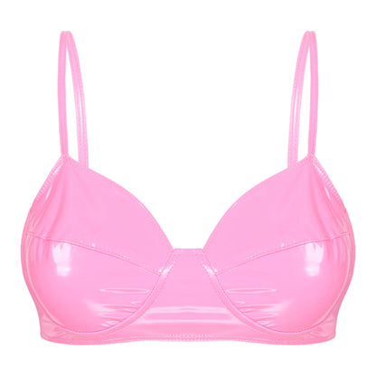 Womens Sexy Belly Dancing Clubwear Wetlook Glossy Patent Leather Bra Top Lingerie Nightclub Rave Outfit Pole Dance Bra Brassiere