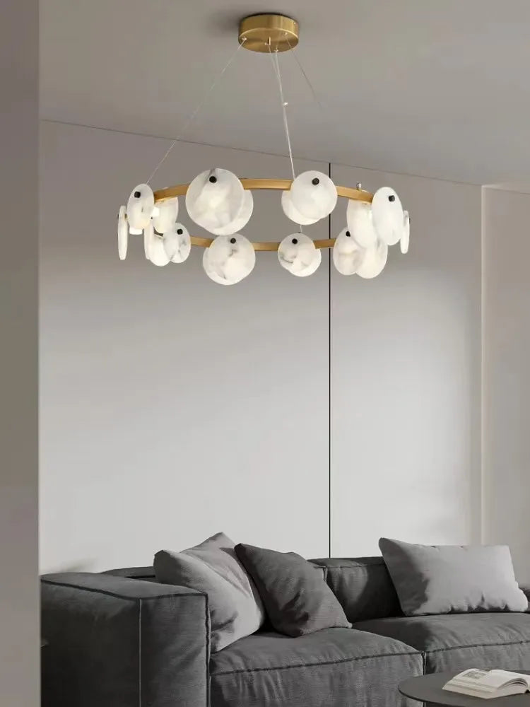 2026 Natural Marble Pieces LED Chandelier Lustre Alabaster Pendant Light Suspension Luminaire Lampen For Foyer Dinning Room