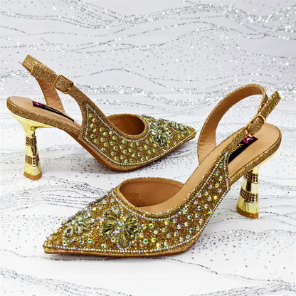 Luxury Handmade Flowers Shoes and Clutch for Women- Nigerian Style Elegant Crystal Heels with Matching Evening Bags