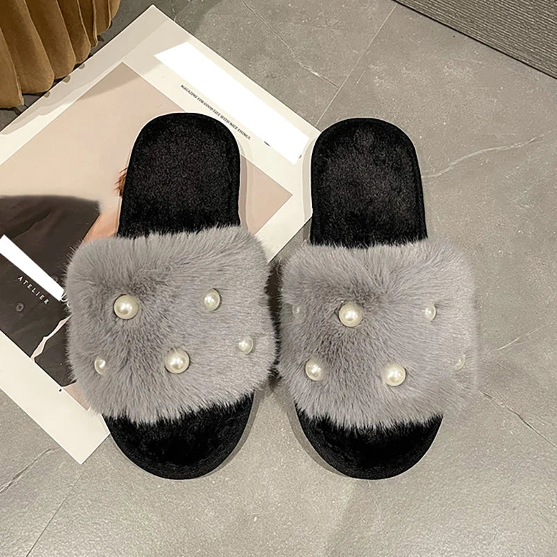 Perle Fluffy Slippers Home Winter Casual Designer Shoes Women 2025 New Luxury Indoor Plush Slides Girls Fashion Elegant Footwear