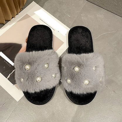 Perle Fluffy Slippers Home Winter Casual Designer Shoes Women 2025 New Luxury Indoor Plush Slides Girls Fashion Elegant Footwear