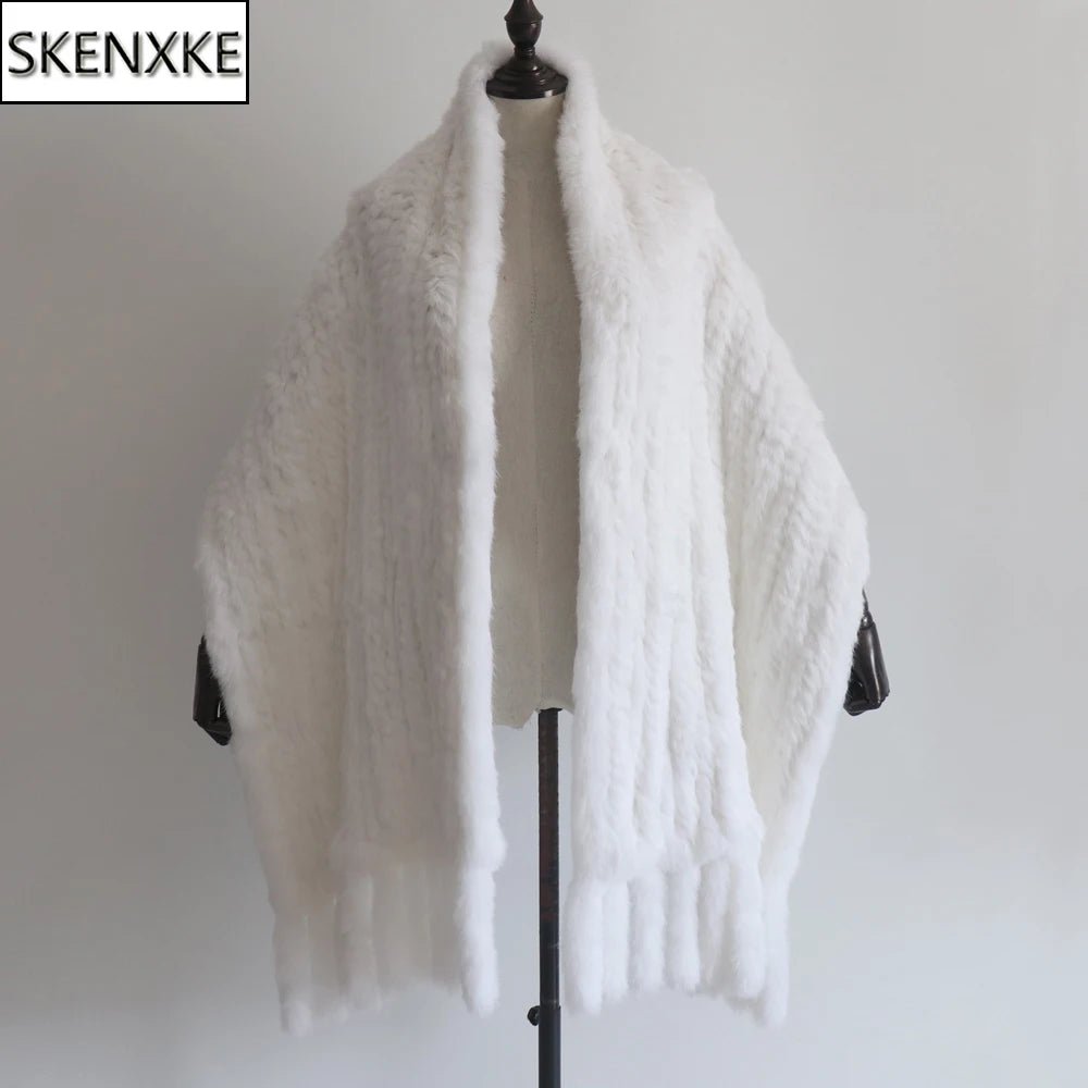 Winter Women Fashion Real Rabbit Fur Shawl 100% Natural Quality Rabbit Fur Scarf Female Hand Knitted Rabbit Fur Poncho Scarves