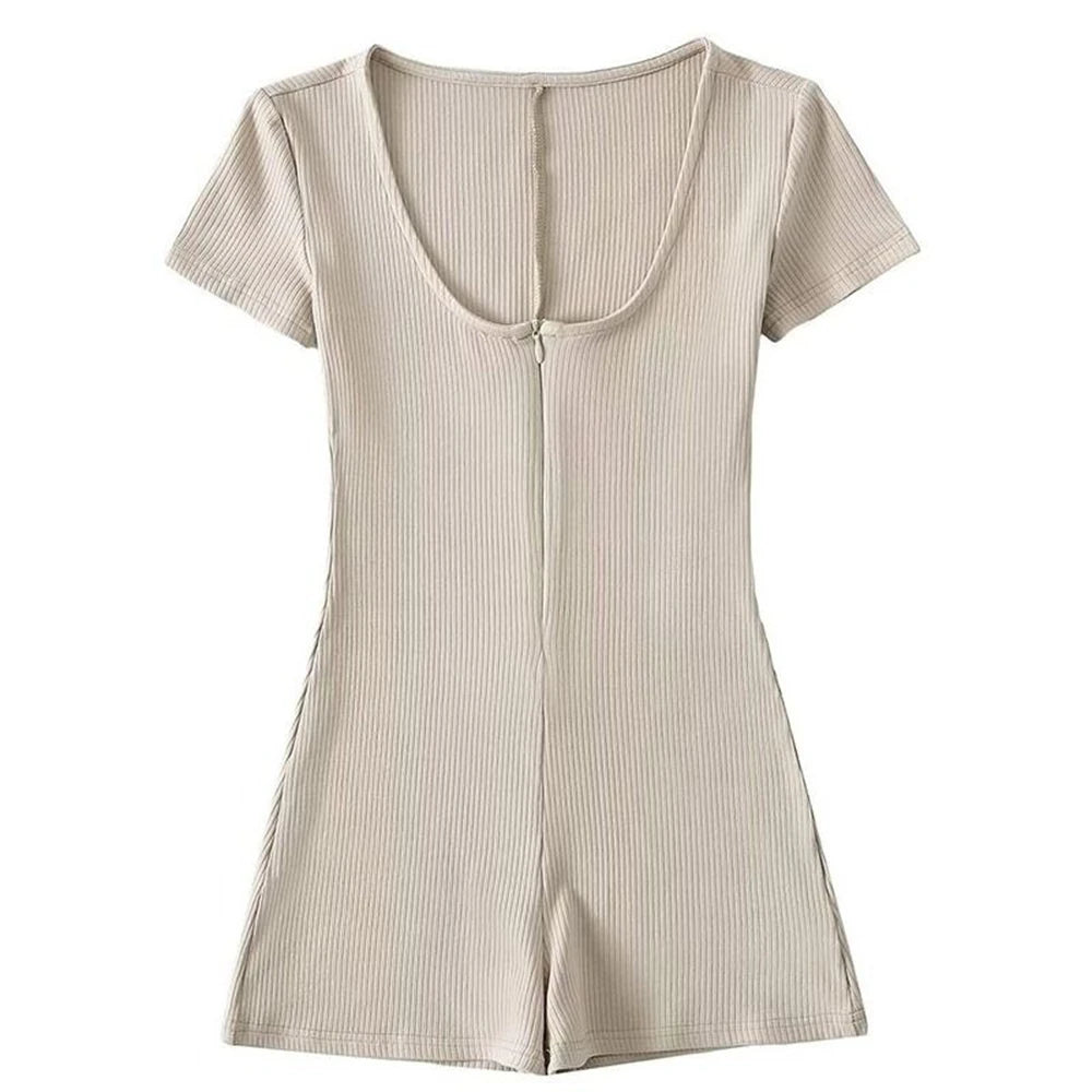 Womens Playsuits Yoga Low Neck Slim Fit Short Sleeve Jumpsuits Stretch One Piece Romper Sexy Fitness Female Sportwears Zipper