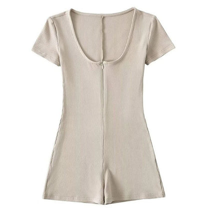 Womens Playsuits Yoga Low Neck Slim Fit Short Sleeve Jumpsuits Stretch One Piece Romper Sexy Fitness Female Sportwears Zipper