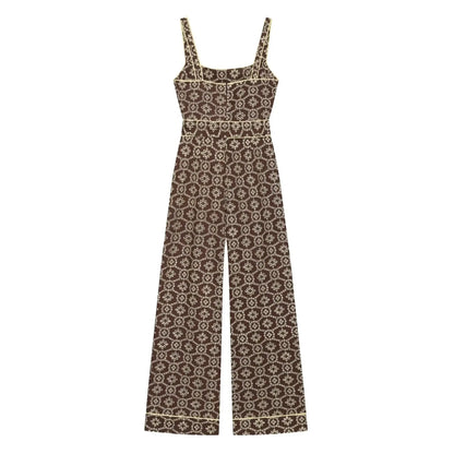 TFMLN New Women's Floral Embroidered Jumpsuits High Waist Casual Sleeveless Wide Leg Long Romper With Belt Fashion Summer