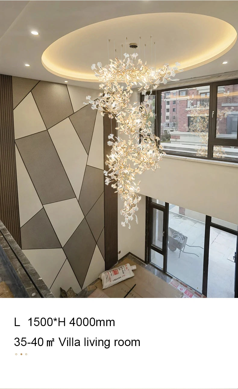 Staircase Ginko Leaf Chandelier Light For High Ceiling Staircase Loft Living Room Hotel Lobby Stairway Luxury Branch Chandeliers
