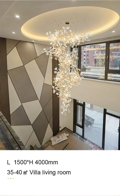 Staircase Ginko Leaf Chandelier Light For High Ceiling Staircase Loft Living Room Hotel Lobby Stairway Luxury Branch Chandeliers