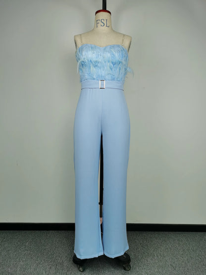 Elegant Jumpsuit Women Long One Piece Strapless White Slash Neck Feather Y2k Top Sexy Wedding Party Night Evening Rompers Summer