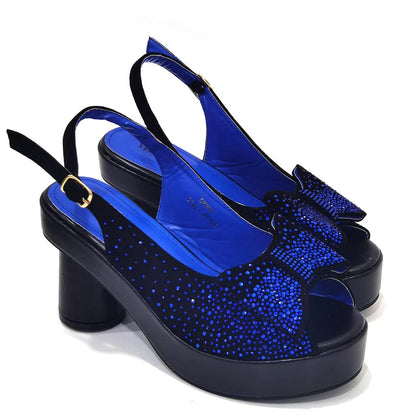 2024 Silver Fashion Square Heels with Platform African Women Shoes and Bag Set Full Crystal Pumps for Wedding Party