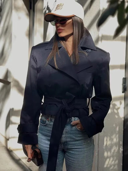 SLTNX 2026 New Women's British Wind Trench Coat Style Double-breasted Long Sleeve Belt Lapel Jacket Short Coat