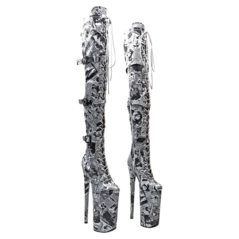 Leecabe  26CM/10inches  PU  English pattern Trend fashion electroplate platform High Heel  stripper heel Pole Dance boots