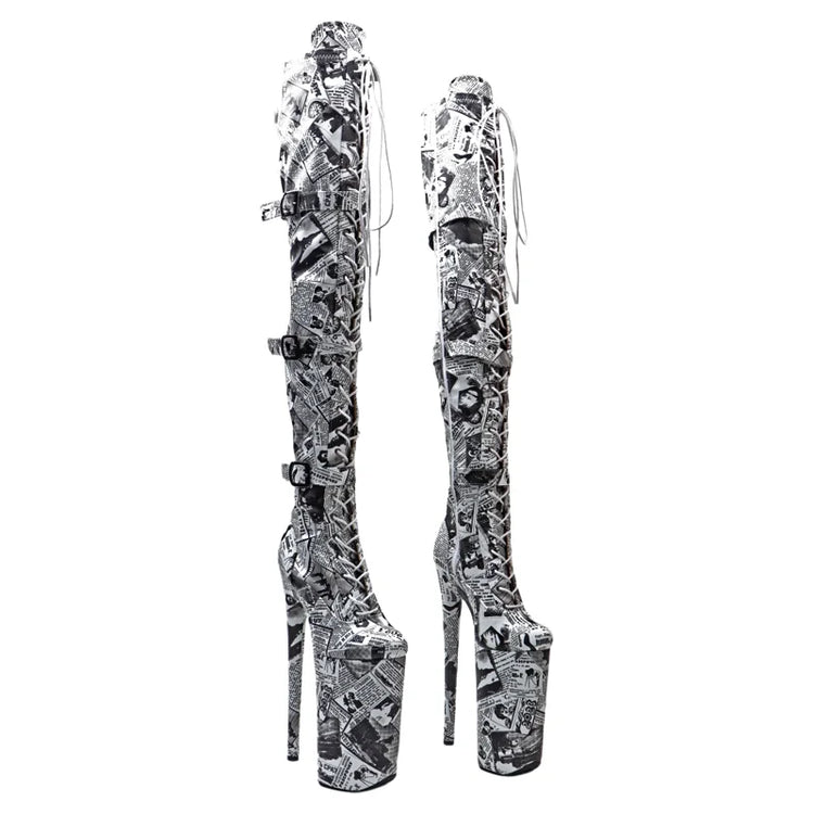 Leecabe  26CM/10inches  PU  English pattern Trend fashion electroplate platform High Heel  stripper heel Pole Dance boots