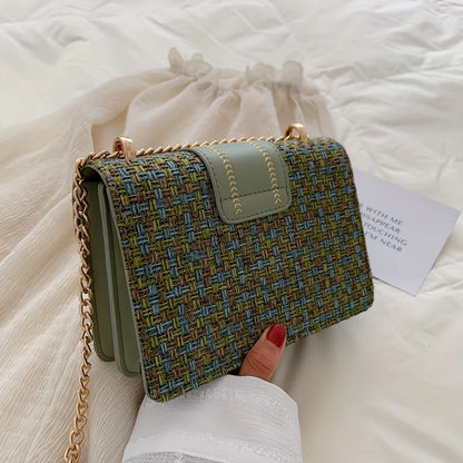 Chic Mini Plaid Tweed Crossbody Bag with Adjustable Strap, Fashionable Buckle Closure - Available in Cream, Green, Blue, Black