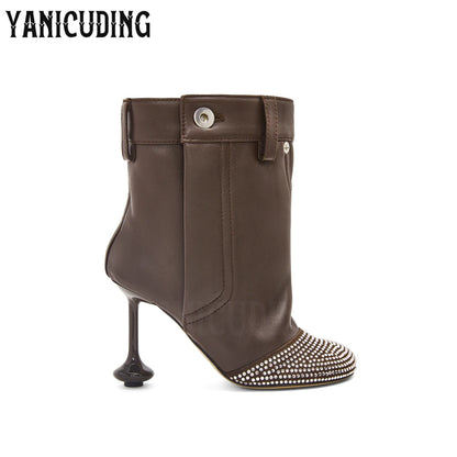Rhinestone Pocket Booties Novelty Designer Style Strange Heel Ankle Boots Soft Leather Luxurious Bling Bling Booties for Women