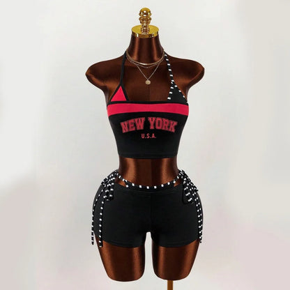 2026 new summer American retro sports Y2K hanging neck shorts two-piece set punk street trend fashion ins personality spicy girl