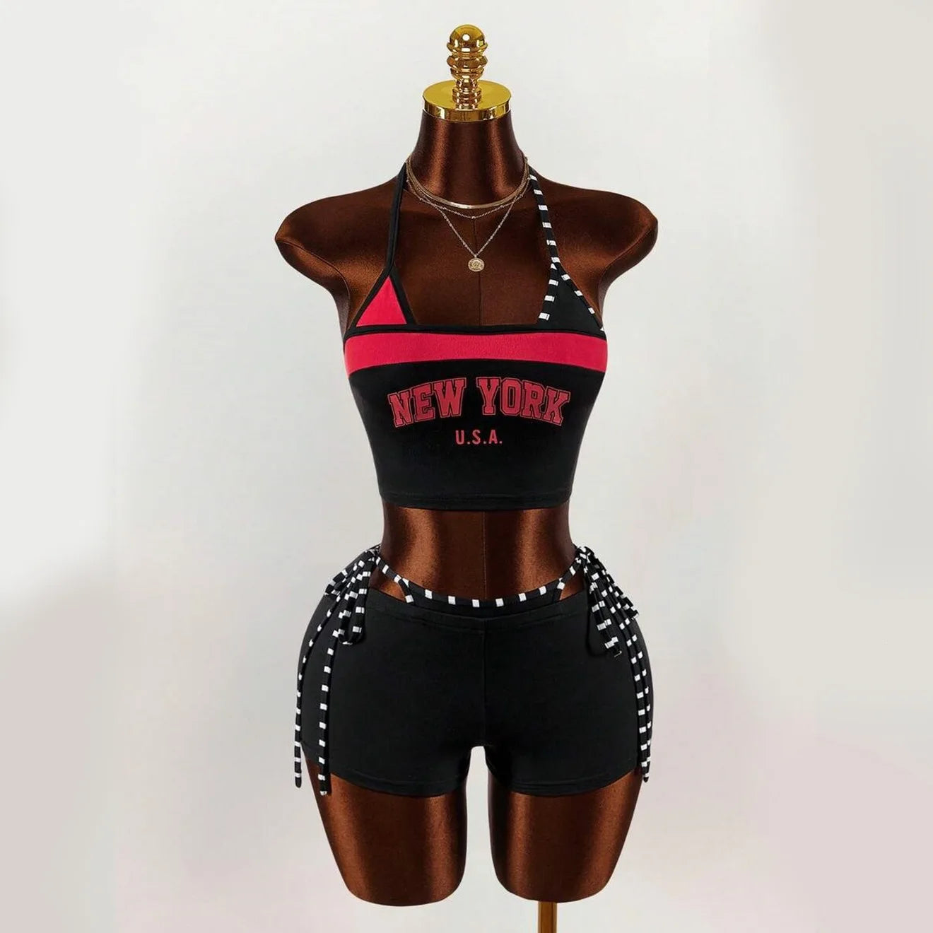 2026 new summer American retro sports Y2K hanging neck shorts two-piece set punk street trend fashion ins personality spicy girl