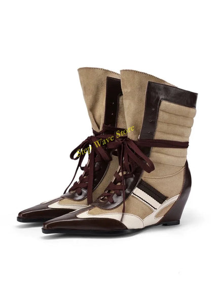 Patchwork Wedges Lace Up Ankle Booties Sexy Pointy Toe Runway 2026 Winter Autumn Women Handmade Dress Shoes Mixed Color