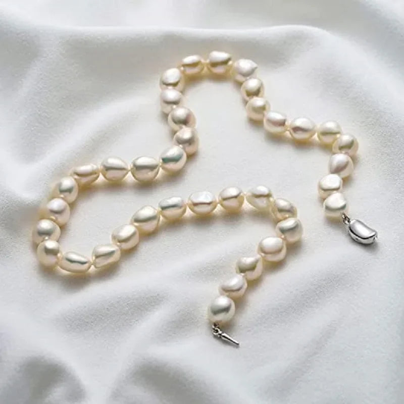 Baroque Pearl Necklace for Women 8-9mm 9-10mm AA Quality Freshwater Cultured Pearl Strand Necklace with Sterling Silver Clasp