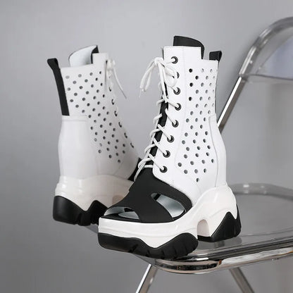 Women's Peep Toe Wedge Boots Summer Hollow Out Lace Up Side Zipper Platform Wedge Heel Breathable Fashion Retro Casual Shoes