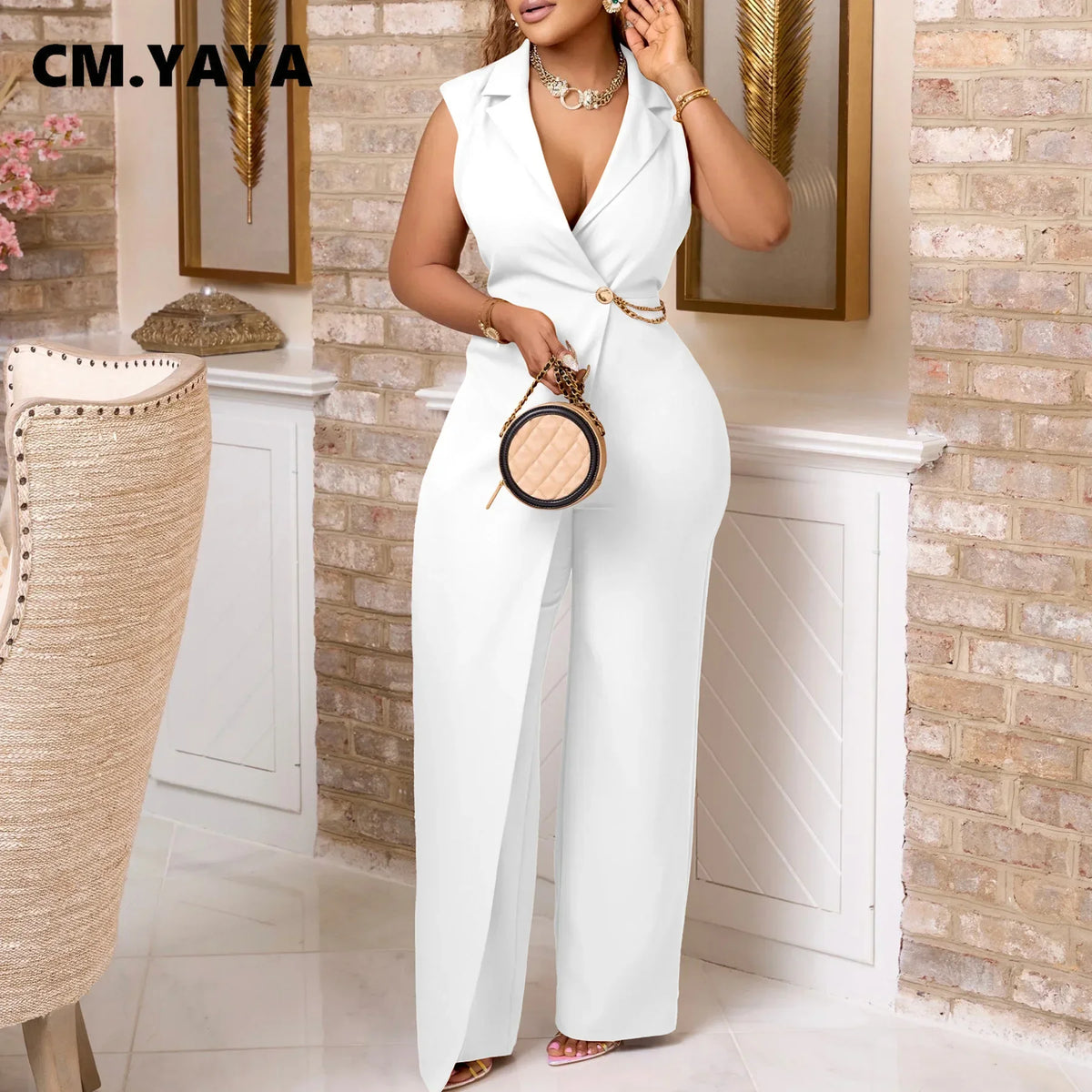 CM.YAYA Women Wide Leg V-Neck Sleeveless Jumpsuits Waist Chain 2024 Summer OL Beach Night Club Playsuit One Piece Suit Romper