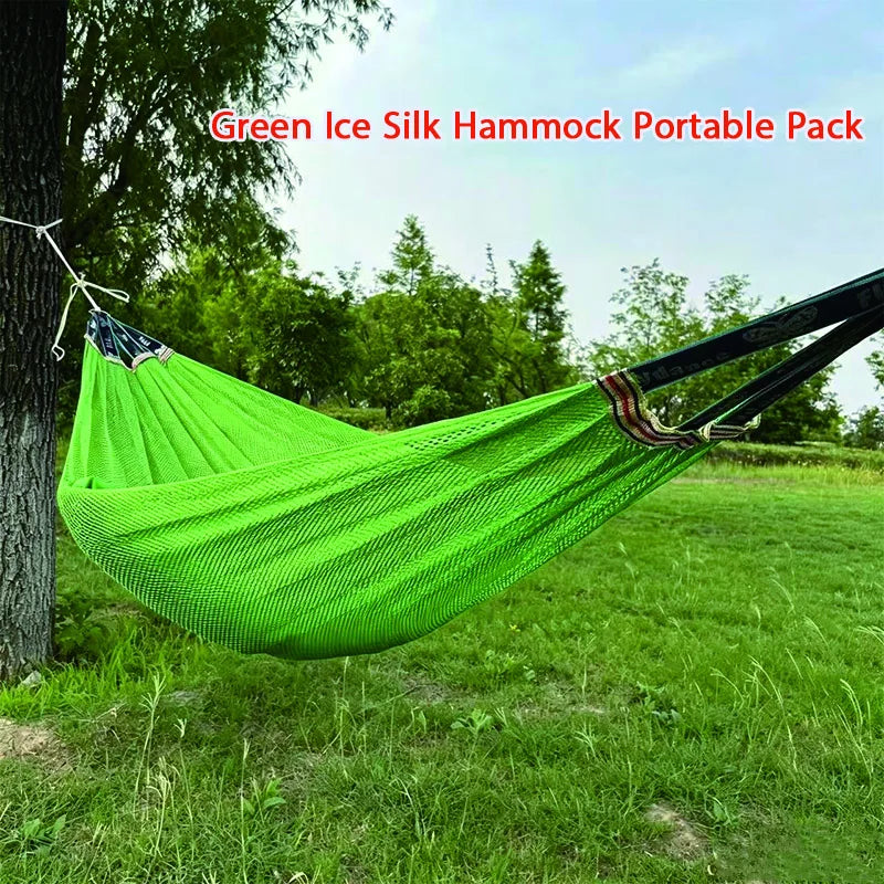 Single Person Ice Silk Mesh Hammock Anti-rollover Portable Outdoor Camping Hammock Breathable Net Swing Bed