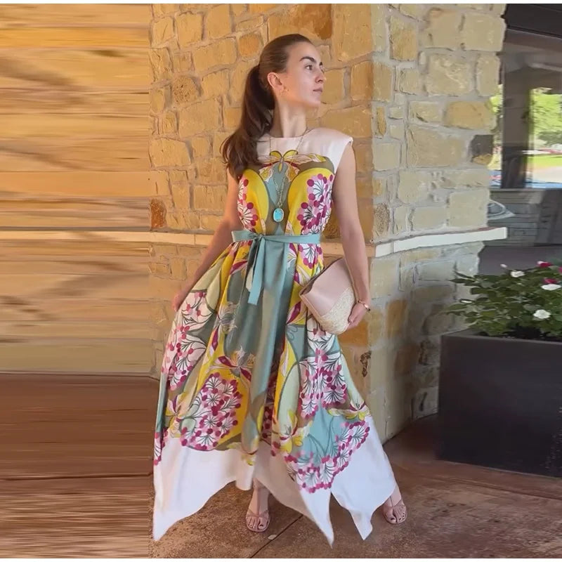 Women Printed V Neck Long Dress Flared Sleeve Lotus Leaf Edge High Waist Slim Fit Maxi Dresses Lady Elegant Evening Party Dress